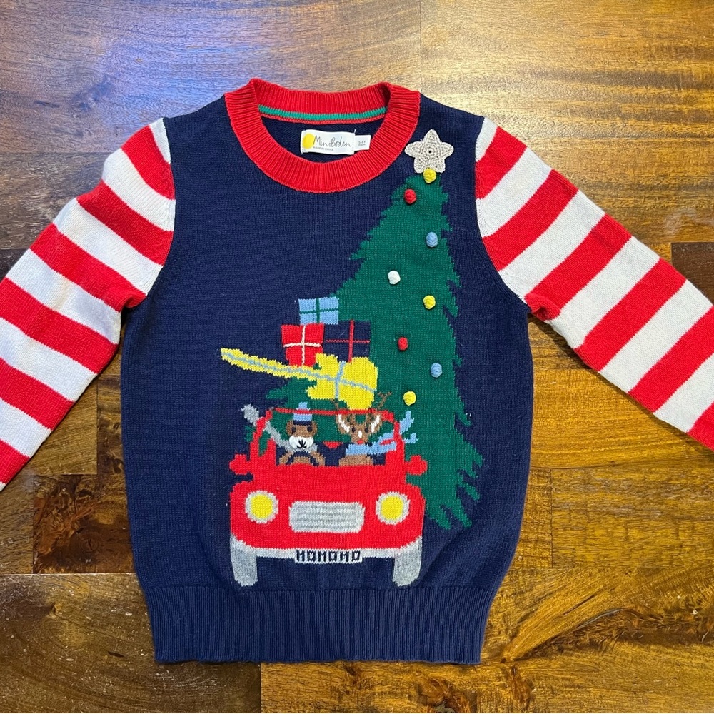 Mini Boden Boys’ Christmas Sweater with  3-D Truck and Tree Design (Size 5-6)